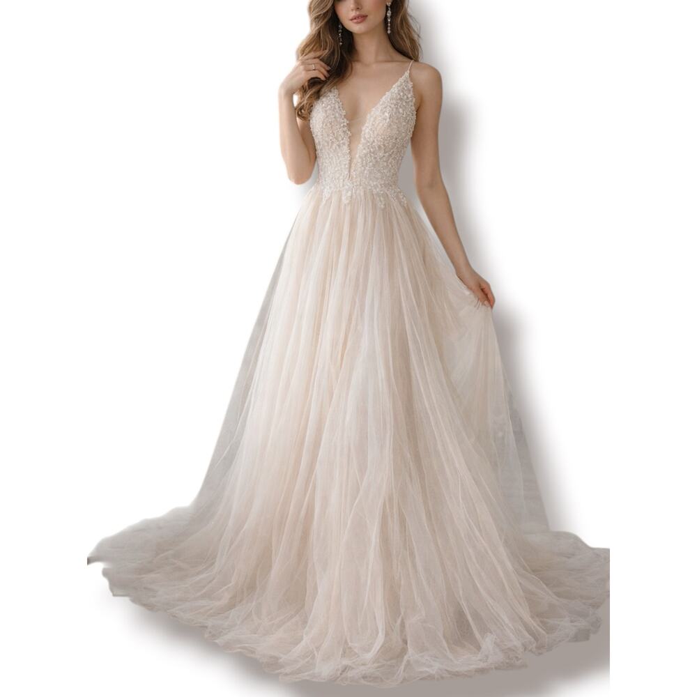 Vienna Prom Beaded‎ Tulle Gown Ivory Nude Deep V Back Formal Maxi Dress